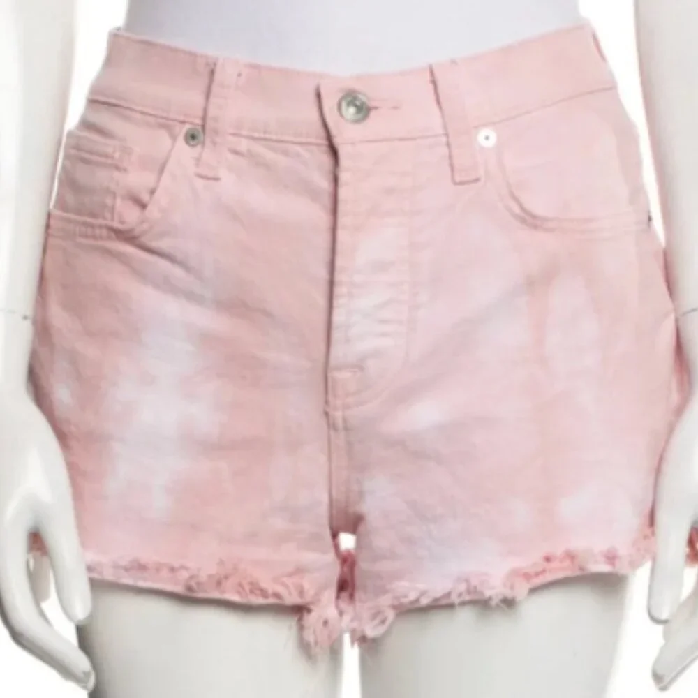7 For All Mankind Monroe Pink Tie- DyeHigh Rise Jean Cut Off Shorts Size 26 - Picture 8 of 9